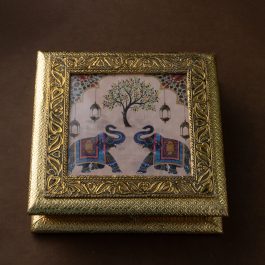 Golden Elephant Art Dry Fruit Box – Decorative Indian Storage (Handmade)